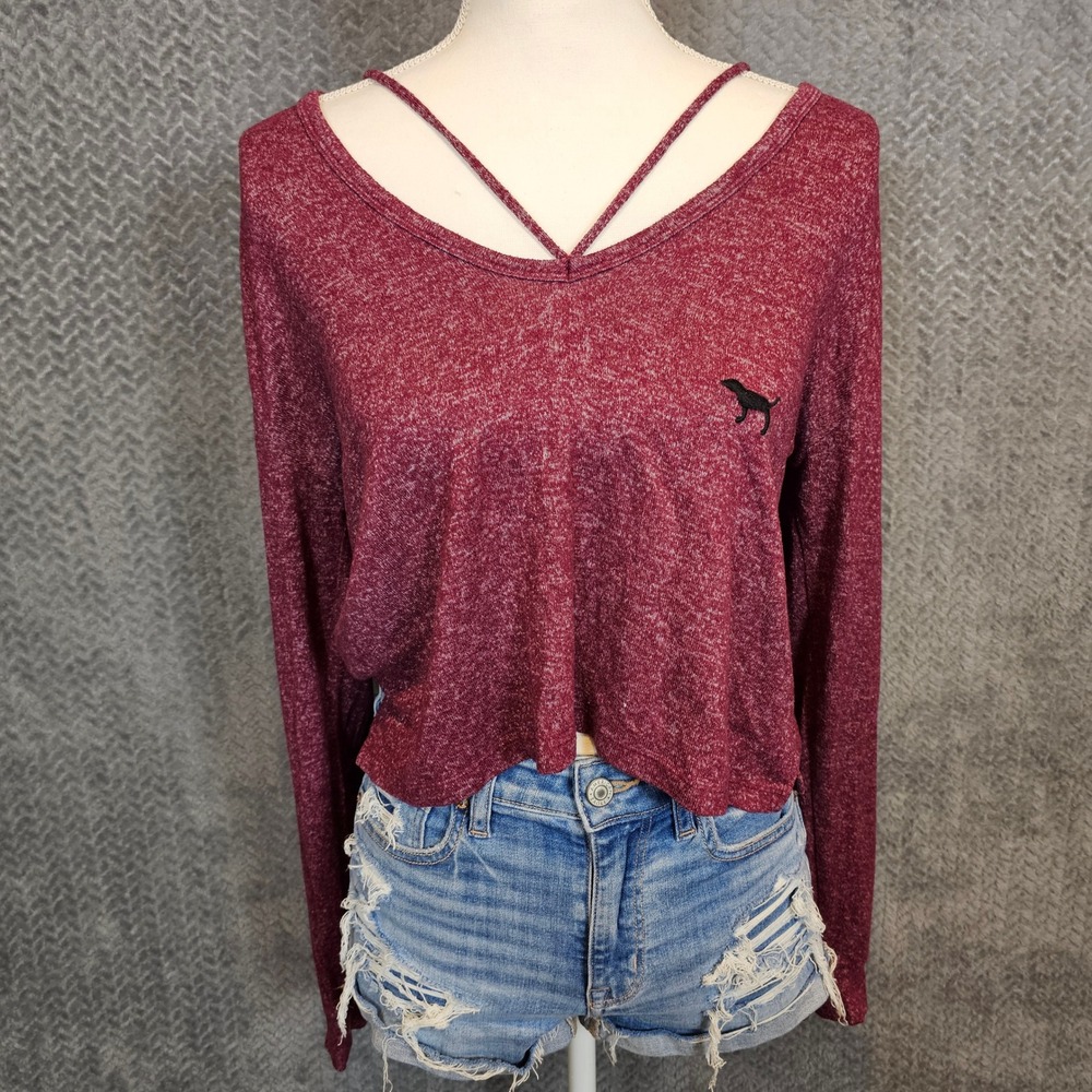 PINK Victoria's Secret Burgundy Marled Strappy V-Neck Crop Top Small Long Sleeve